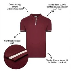 Bigdude Contrast Stripe Placket With Tipped Cuff Polo Shirt Burgundy -Kenn Clothing Shop 13cf704e bd21p1420red