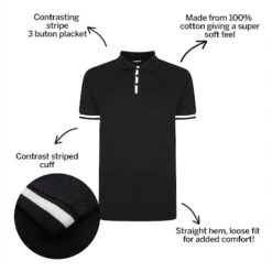 Bigdude Contrast Stripe Placket With Tipped Cuff Polo Shirt Black -Kenn Clothing Shop 5c334730 bd21p1420black