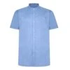 Bigdude Woven Linen Grandad Collar Short Sleeve Shirt Blue