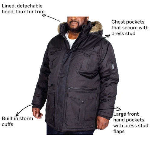 Bigdude Full Zip Parka Coat Black 4 Bigdude Full Zip Parka Coat Black - Image 2