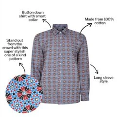Bigdude Retro Flower Print Long Sleeve Poplin Shirt Blue/Red -Kenn Clothing Shop a518b791 bd23ls14